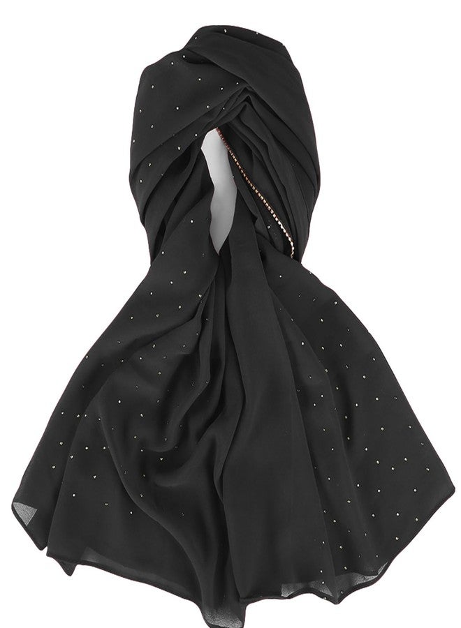 Piewag Hijab Scarf for Women Soft Chiffon Rhinestone Long Scarf Shawl Fashion Muslim Hijab Head Wrap Scarves Black - Image 3